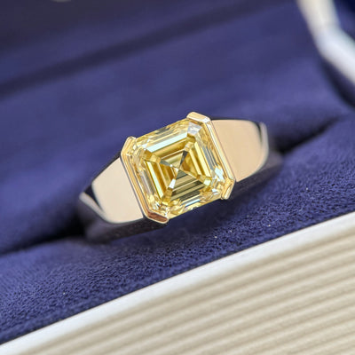 14k Yellow Gold and 3ct Fancy Light Yellow Asscher Lab Diamond Half-bezel-set on Tapered Chunky Band Custom Ring, size 7