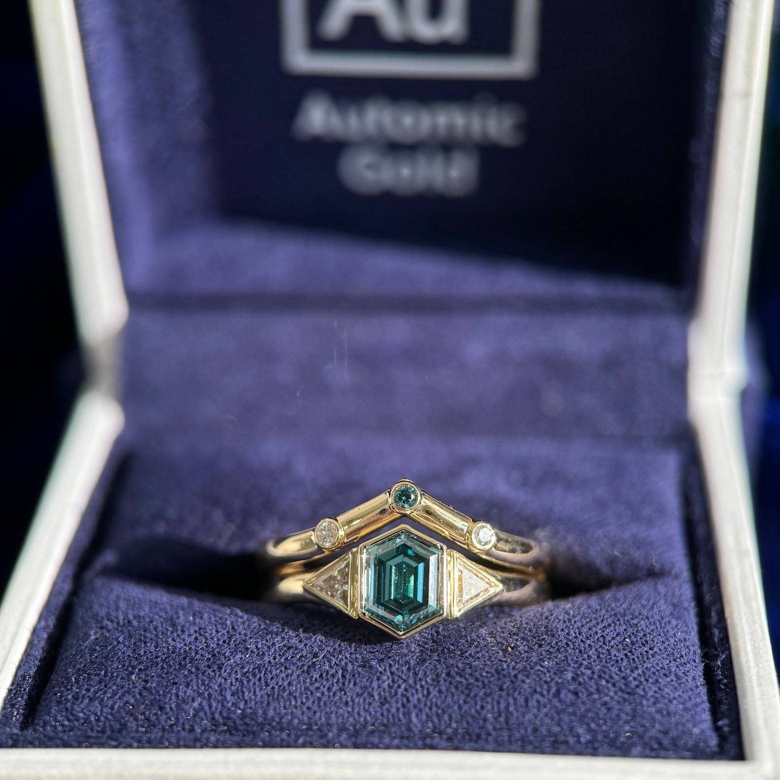 14k Yellow Gold Bezel Set Light Blue Hexagon Custom Grown Lab Diamond with Triangle White Diamonds on Tapered Band Custom Ring