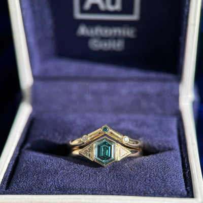 14k Yellow Gold Bezel Set Light Blue Hexagon Custom Grown Lab Diamond with Triangle White Diamonds on Tapered Band Custom Ring