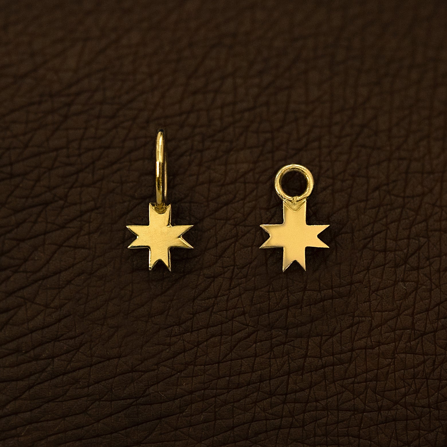 Two yellow gold 8 Pointed Star Charms shown in the For Chain and For Earring options