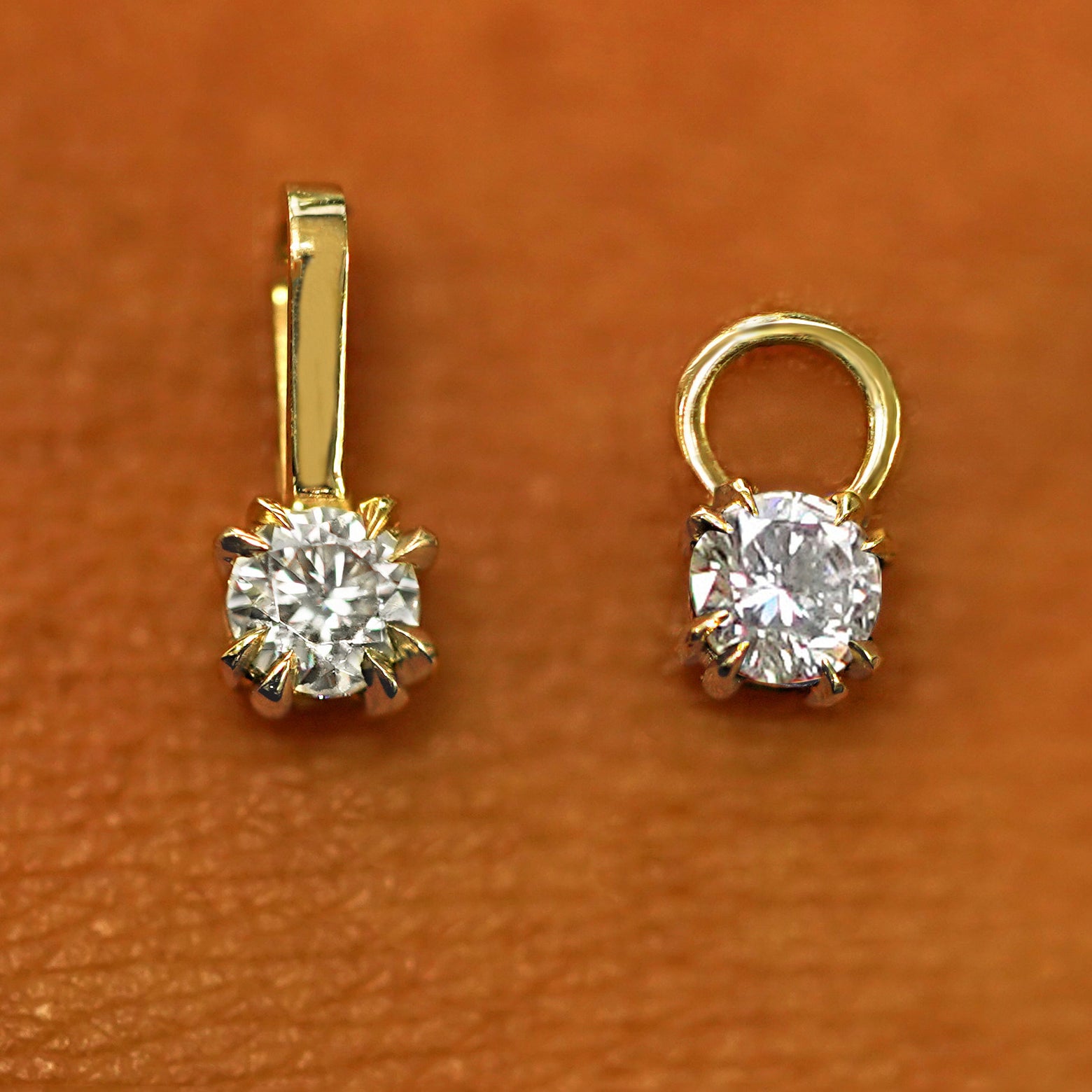 Two 14 karat solid gold Diamond Charms shown in the For Chain and For Earring options