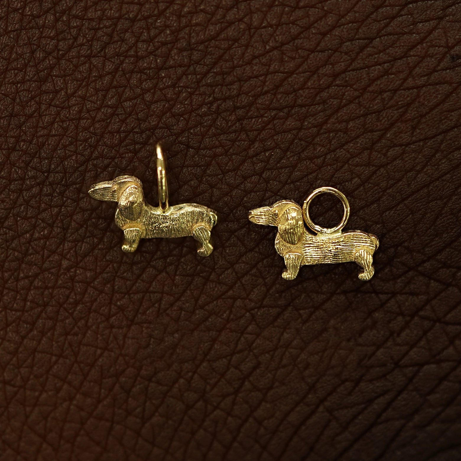 Two 14 karat solid gold Dog Charms shown in the For Chain and For Earring options