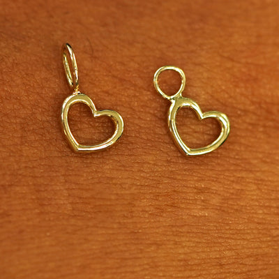 Two 14 karat  Yellow solid gold Heart Charms shown in the For Chain and For Earring options
