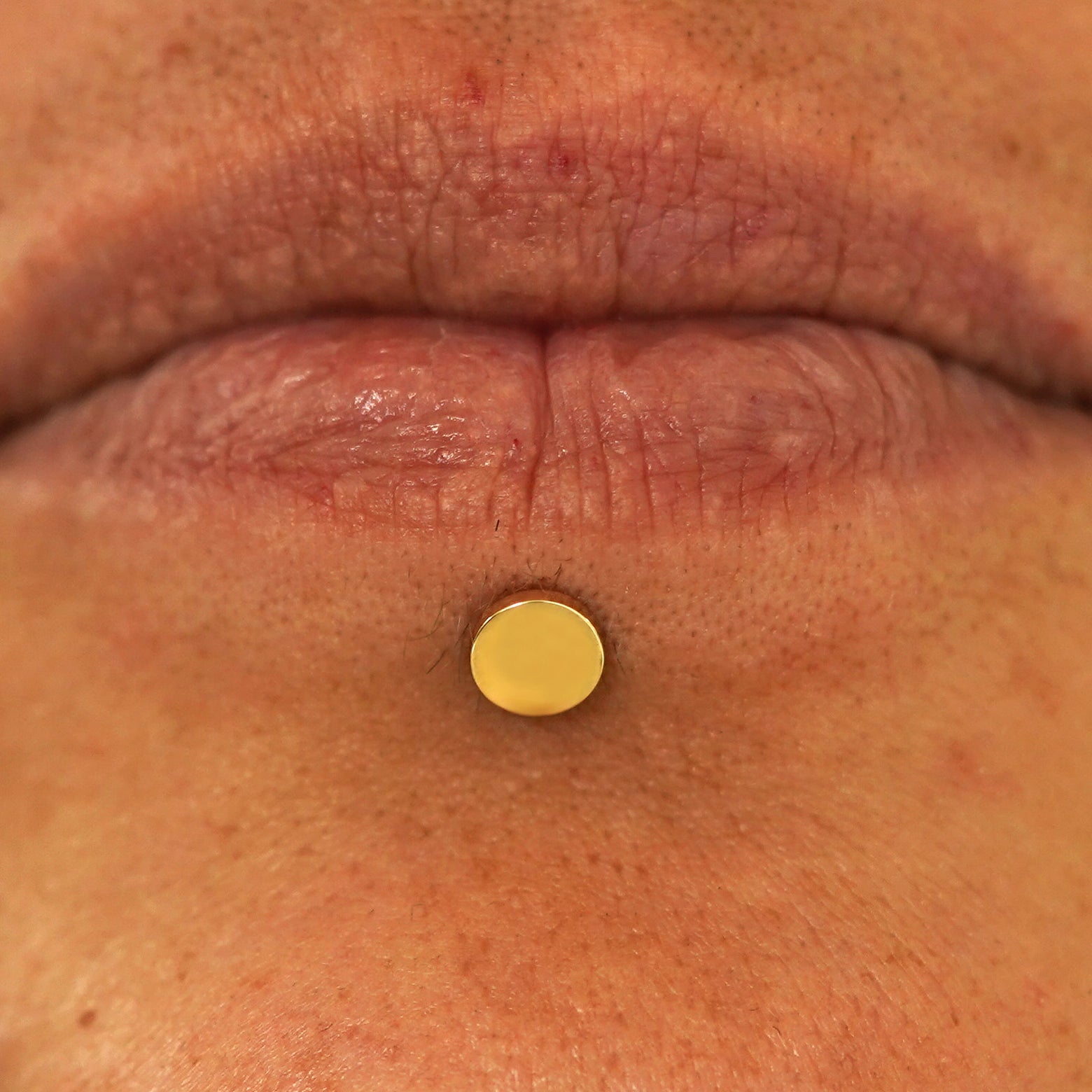Close up view of a model's lips wearing a 14k yellow gold Large Circle Flatback in a labret piercing