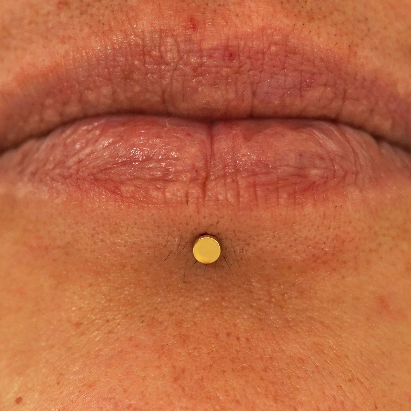 Close up view of a model's lips wearing a 14k yellow gold Mini Circle Flatback in a labret piercing