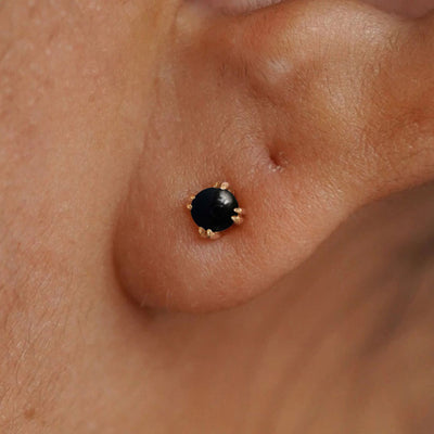 Close up view of a model's ear wearing a 14k yellow gold Onyx Earring
