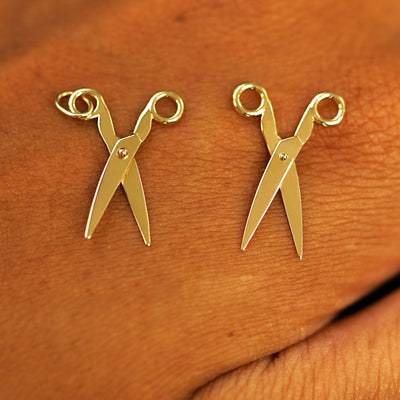 Two 14 karat Yellow solid gold Scissors Charms shown in the For Chain and For Earring options
