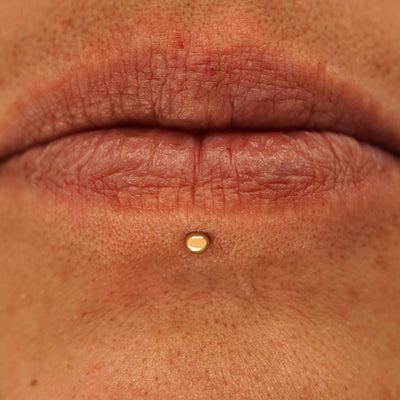 Close up view of a model's mouth wearing a 14k yellow gold Small Ball Flatback as a labret piercing