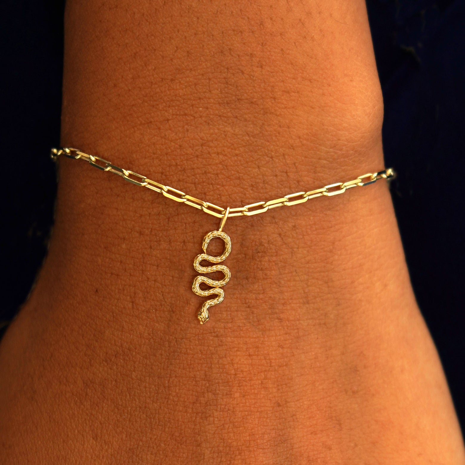 Close up view of a model's wrist wearing a yellow gold Snake Charm on a Butch Chain Bracelet