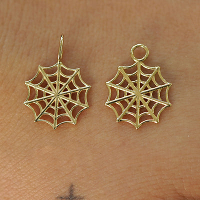 Two 14 karat Yellow solid gold Spider Web Charms shown in the For Chain and For Earring options