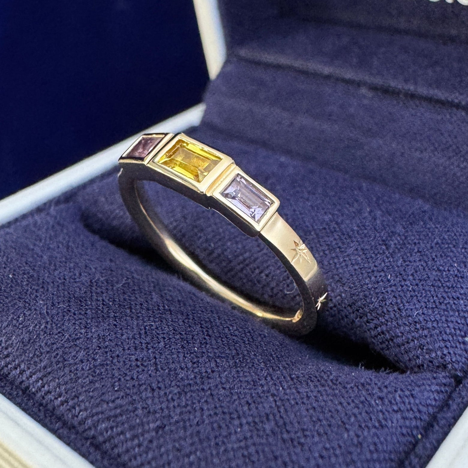14k Yellow Gold Milgrain-bezel-set 0.48ct One Yellow with Two Purple Baguettes Sapphires with 7 stars engraved all around on 2mm Industrial Mirror Band Custom Ring, 3.5 gram, size 5.5