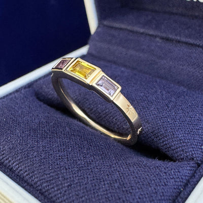 14k Yellow Gold Milgrain-bezel-set 0.48ct One Yellow with Two Purple Baguettes Sapphires with 7 stars engraved all around on 2mm Industrial Mirror Band Custom Ring, 3.5 gram, size 5.5