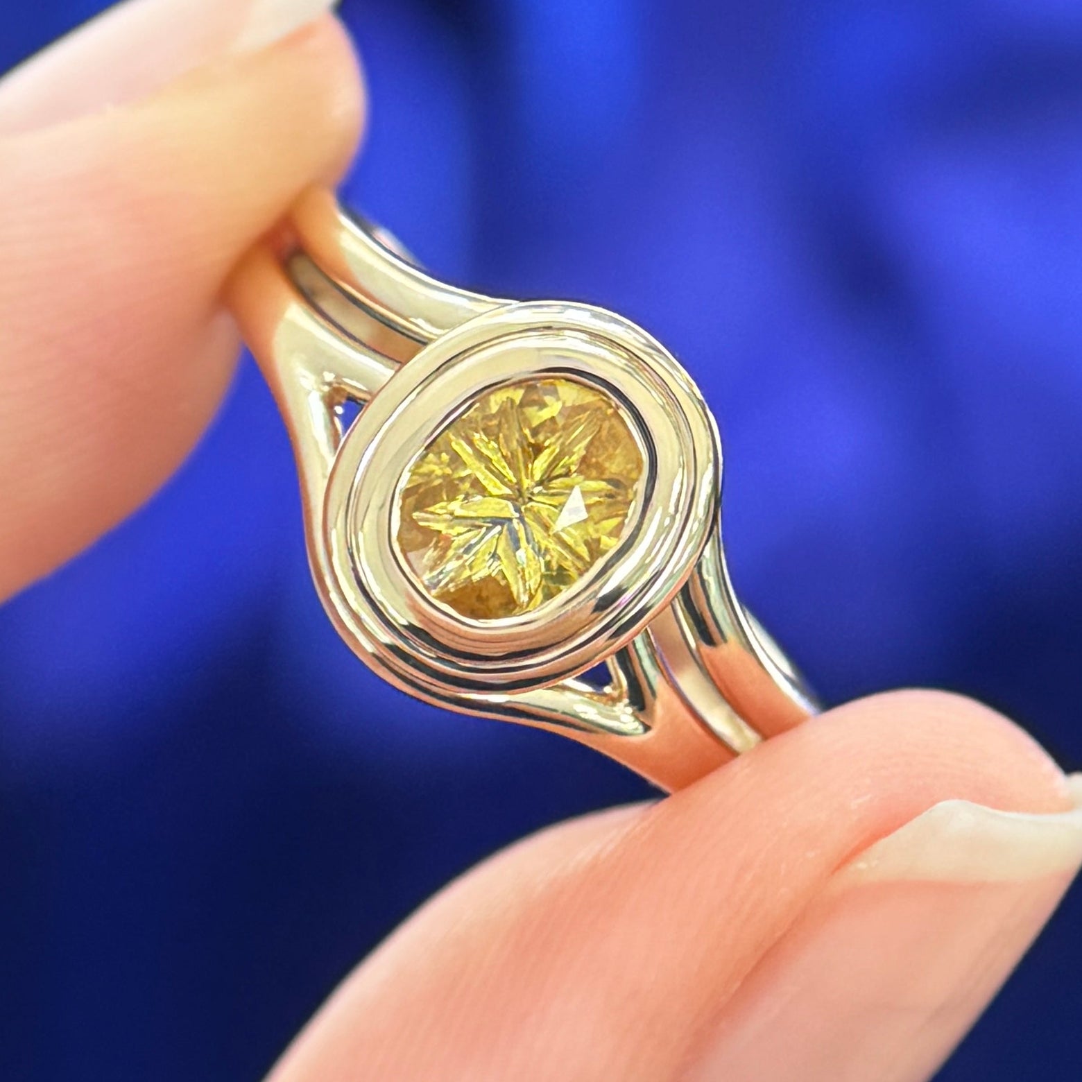 14k Yellow Gold Low-Bezel Set Starburst Cut 6x4.5mm Yellow Sapphire on open band, engraved inside Mi Sol In Custom Font, Size 8