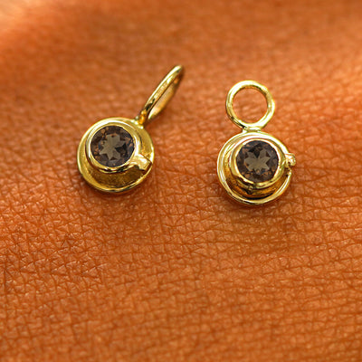 Two 14 karat solid gold Coffee Cup Charms shown in the For Chain and For Earring options